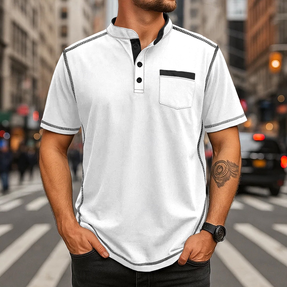 Pánské Tričko Henley Trička Top Henley Krátký rukáv Pevná barva Bez vzoru Jednobarevné Módní Designové Na běžné nošení Barevné bloky Knoflíky Jednoduchý Henley Collar Henley Ležérní Denní Venkovní 2026 - $26.99 –P5