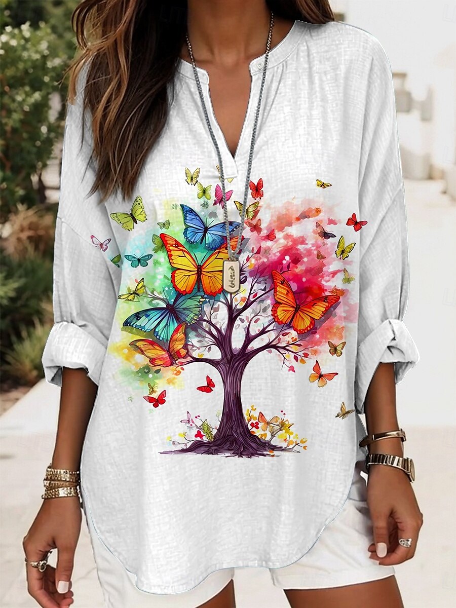 Dame Bluse Grafisk Sommerfugl Elegant Stilfull Fritid Langermet V-hals Vanlige topper Daglig Ferie Trykt mønster Rød Lilla Grønn Regnbue Sommer Vår 2025 - $24.99 –P3