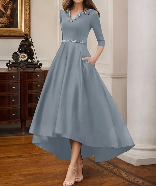 Robe de cocktail trapèze élégante, robe de soirée formelle, longueur thé, robe asymétrique, manches mi-longues, col en V, satin extensible avec poche à perles, 2025 de 2025 ? $142.99 –P7