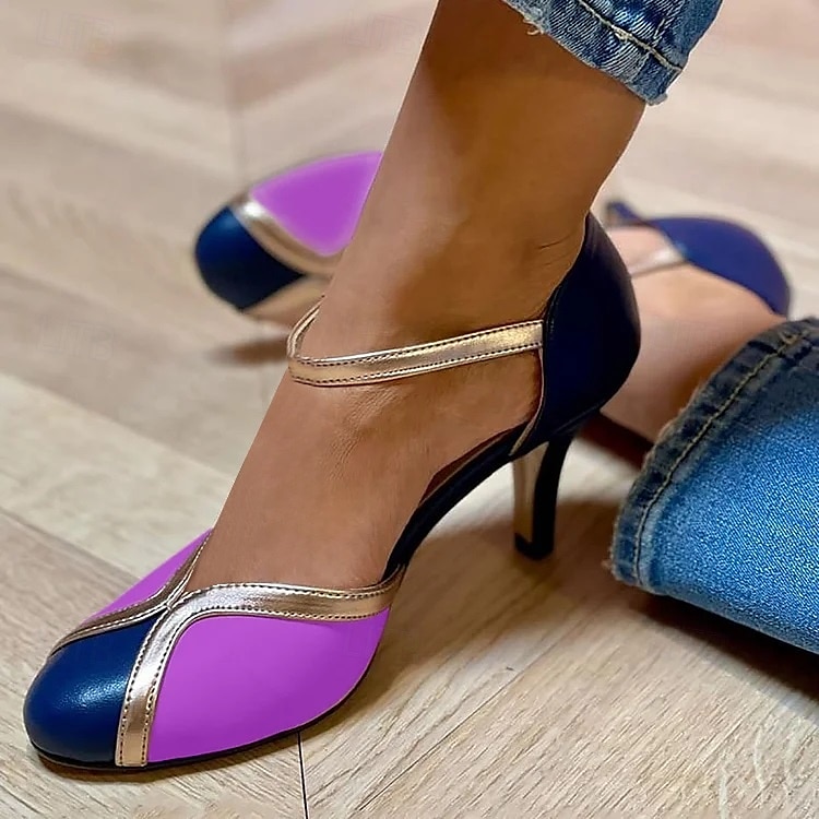 dámské retro dvoubarevné lodičky na vysokém podpatku – růžový a modrý pásek s mašlí, perfektní pro outfity inspirované vintage a neformální elegantní vzhled 2025 - Kč939 –P8