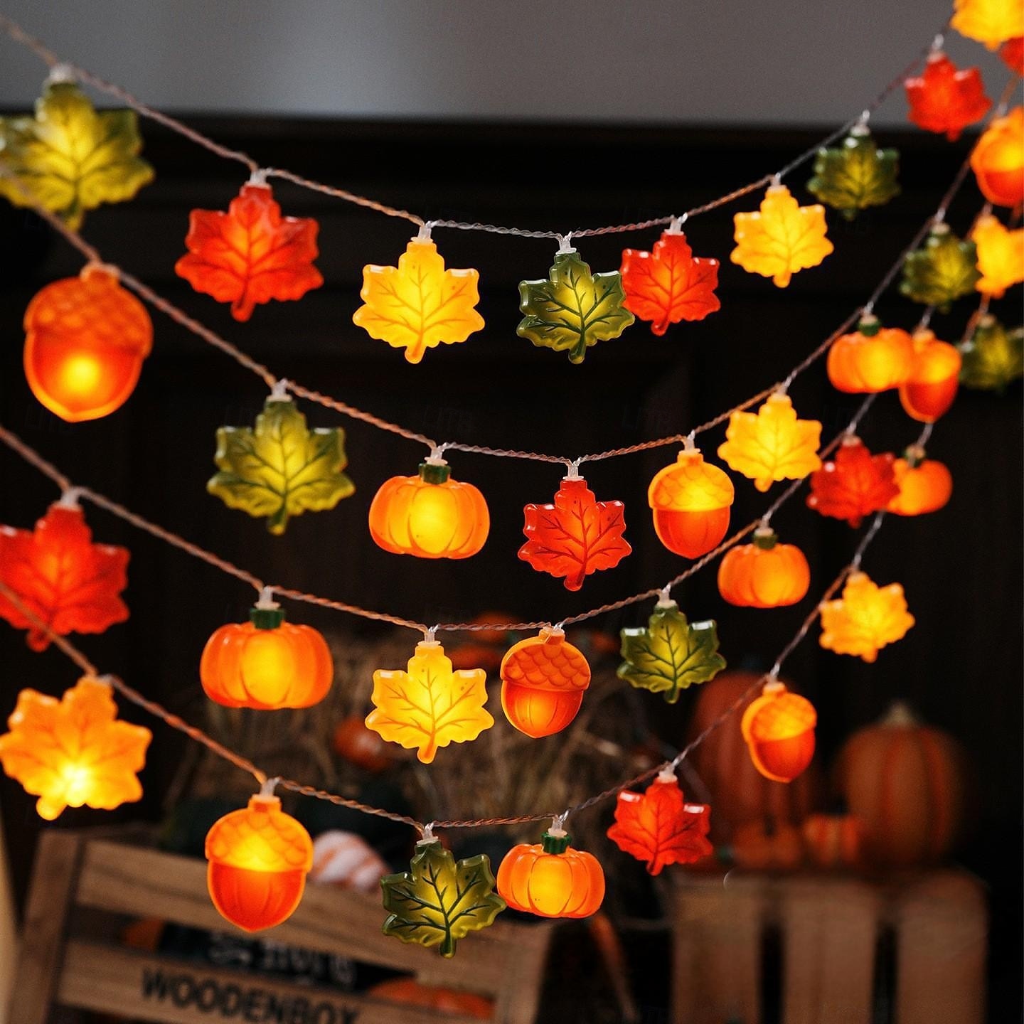Luminițe cu LED-uri de dovleac cu frunze de arțar șir de luminițe alimentate cu baterii, 1,5 m, 10 LED-uri, Halloween, felinar de dovleac cu frunze de arțar și ghindă, decorațiuni pentru balcon și 2025 - $30.99 –P1