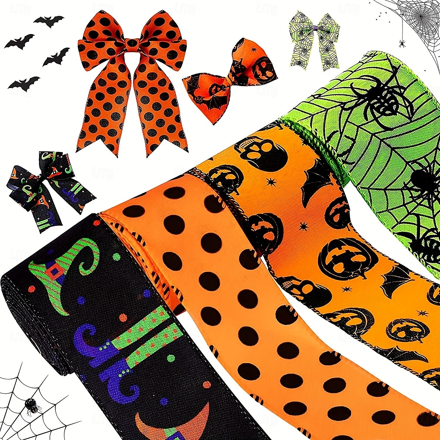 Nastro con bordo rinforzato per Halloween, 4 rotoli, nastro stampato a forma di pipistrello, ragno, zucca, gambe di strega, cappello, pois, nastri in grosgrain per Halloween, ghirlanda per la casa, del 2025 a $9.49 –P5