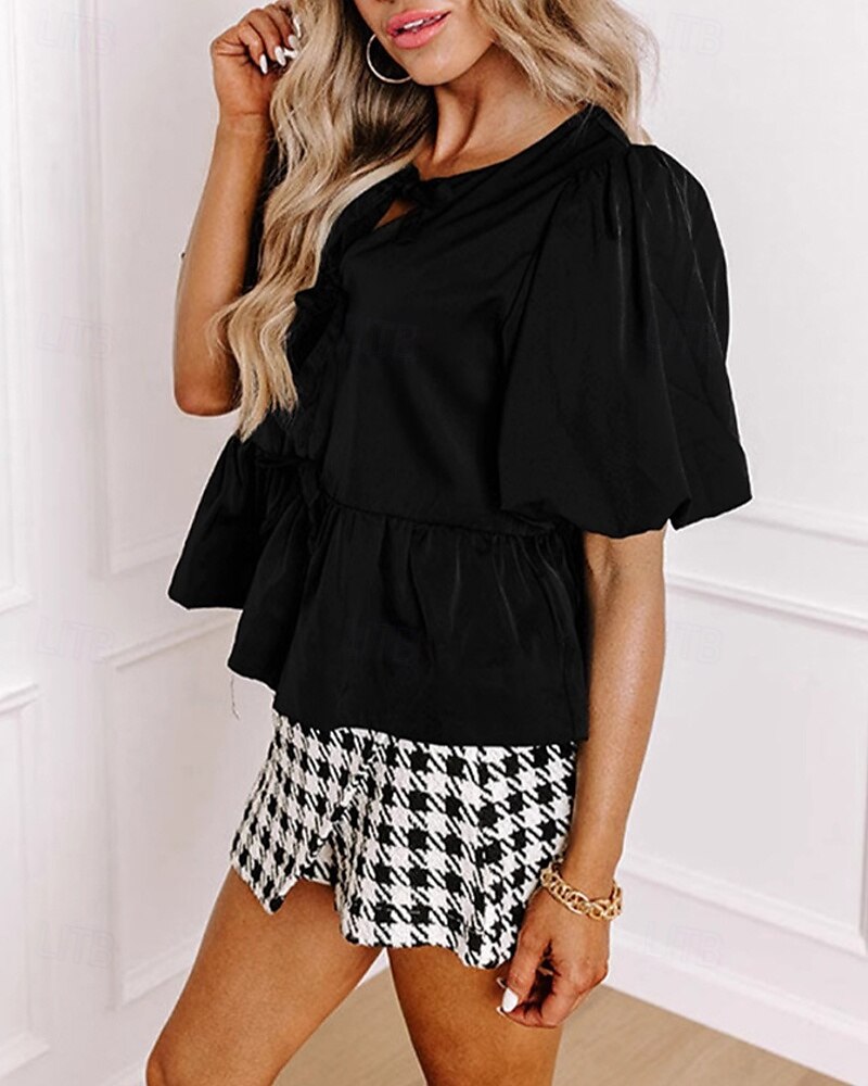 Femmes Chemisier Uni Moderne Occasionnel Manche Courte Col ras du cou Hauts Réguliers Quotidien Fête Sortir Œillet Noir Automne de 2025 ? $28.99 –P2