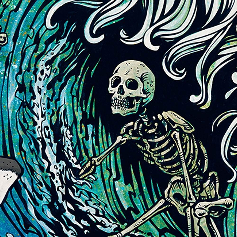 r.i.p_current di David Lozeau, camicia da uomo con bottoni e teschio sull'oceano, manica corta, edizione limitata dell'artista del 2025 a $23.99 –P2