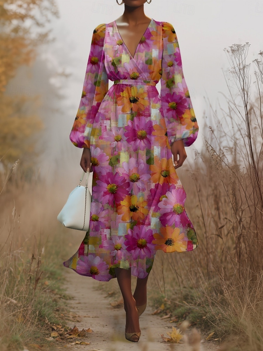 Damen Midikleid Freizeitkleid Chiffon Schwingkleid Modern Urlaub Täglich Wochenende Normale Passform Blumen Karomuster Langarm V Ausschnitt Rosa Fuchsie Grün Sommer Frühling Herbst 2025 - $31.99 –P1