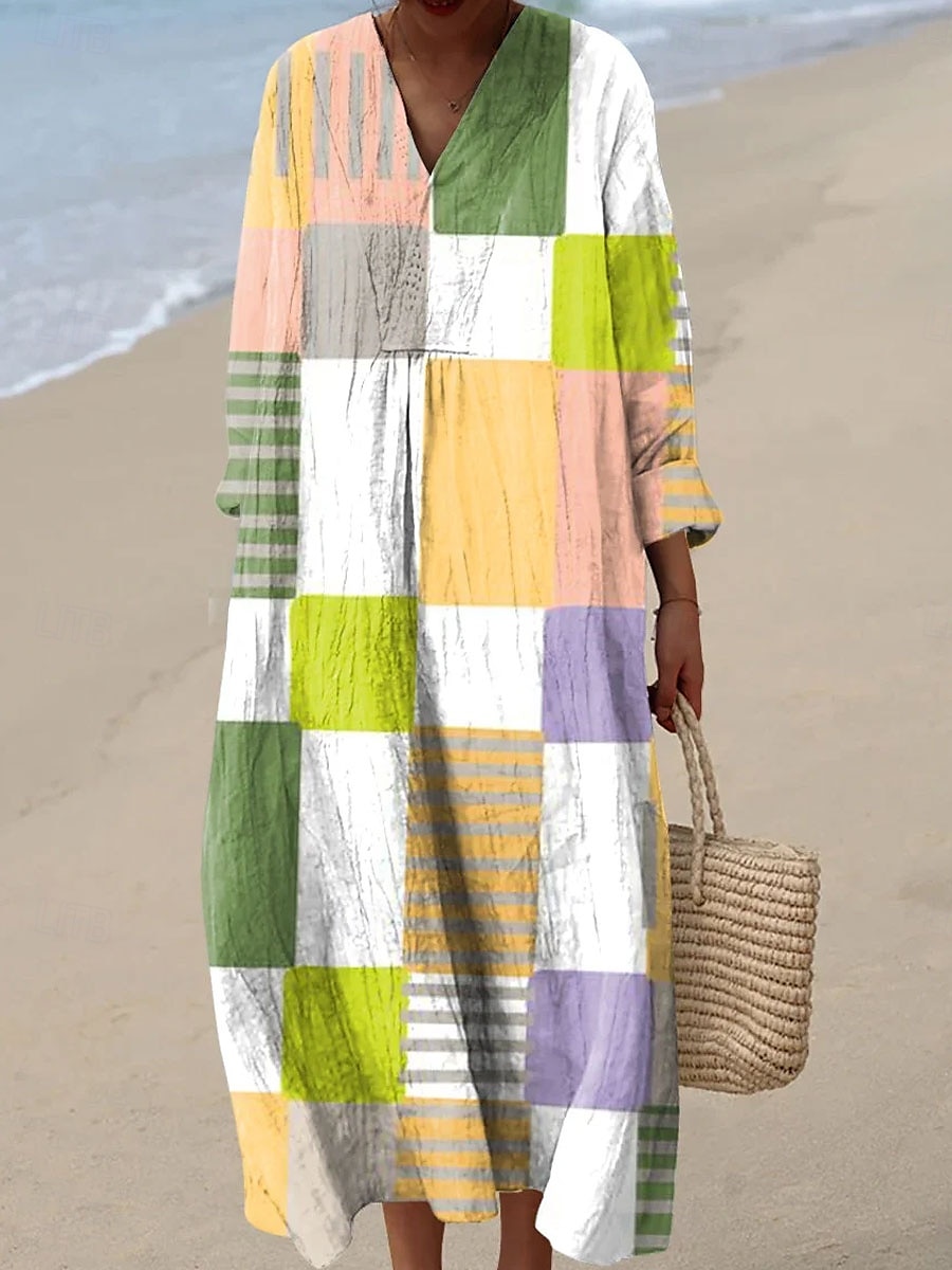 Per donna Abito Midi Vestito Estivo Abito a trapezio Vacanza Casual Boho Feste Spiaggia Vestibilità comoda Grafico Geometrico Plaid Manica Lunga Scollo a V Giallo Rosa Arancione Verde Estate del 2025 a $35.99 –P5