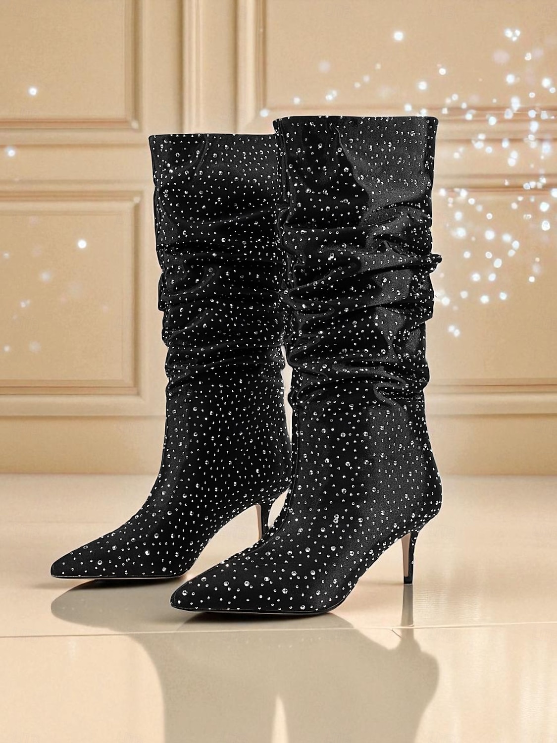 Bottes mi-mollet souples à strass bleus pour femmes - Bottes de soirée à bout pointu et talon chaton pour la vie nocturne et les tenues de soirée de 2025 ? $89.99 –P5