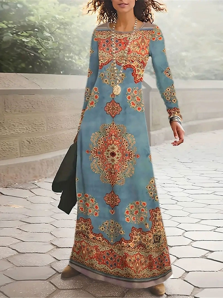 Damen Maxikleid T-Shirt-Kleid A Linie Kleid Sommerkleid Urlaub Lässig Strand Täglich Normale Passform Grafik Paisley-Muster Abstrakt Langarm Rundhalsausschnitt Gelb Blau Kamel Frühling Herbst Winter 2025 - $36.99 –P1
