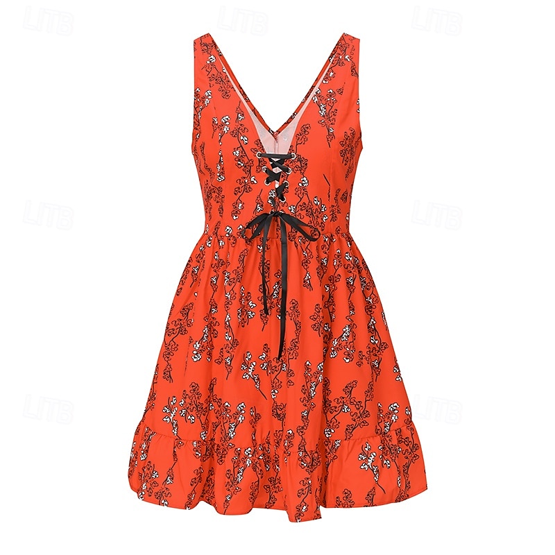 Damskie Sukienka mini Sukienka w kwiatki Sukienka Boho Sukienka z nadrukiem Strój zachodni Zabytkowe Moda Urlop Święto Weekend Regularny Kwiat Bez rękawów W serek Pomarańczowy Lato 2025 - $28.99 –P4