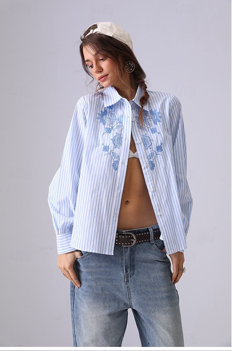Femmes Chemise Fleuri Rayé Élégant Bohème ancien manche longue Col de chemise Hauts Réguliers Travail Quotidien Fête Broderie 1# Original bleu clair-BLEU Printemps, Automne, Hiver, Été de 2025 ? $41.99 –P7