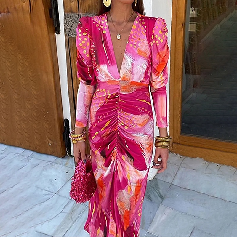 Damen Midikleid Shiftkleid A Linie Kleid Urlaub Lässig Boho Outdoor Ausgehen Strand Normale Passform Ombre Grafik Langarm V Ausschnitt Rote Sommer Frühling Herbst 2025 - $31.99 –P2
