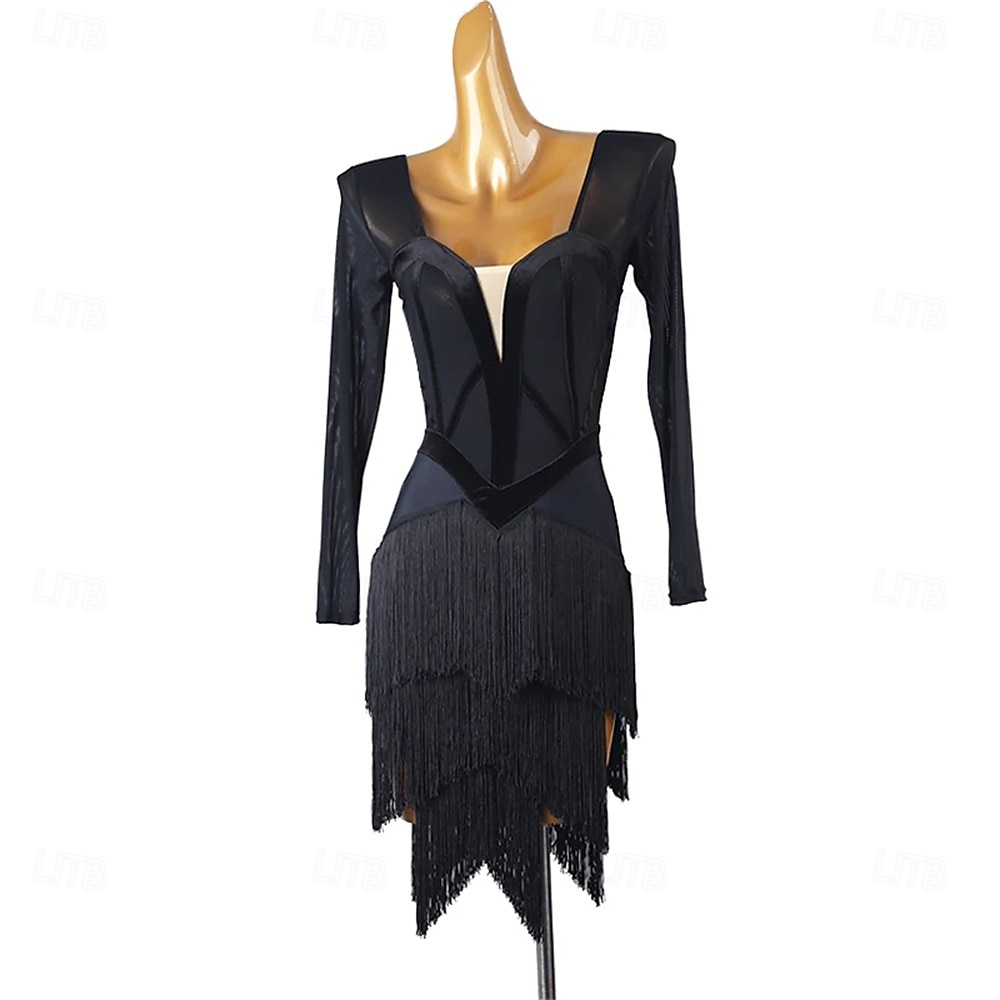 Danse Latine Robe Épissage Femmes Performance Entraînement Soirée manche longue Haut Nylon de 2025 ? $133.99 –P12