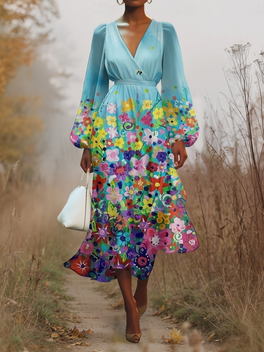Femmes Robe Midi Robe Décontractée Mousseline de Soie Robe évasée Moderne Vacances Quotidien Week-end Coupe régulière Fleuri manche longue Col en V Blanche Bleu Bleu clair Été Printemps Automne de 2025 ? $31.99 –P10