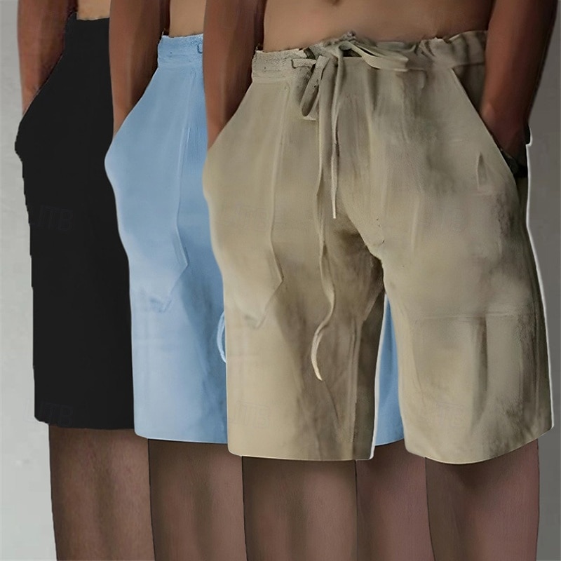 Men's Shorts Linen Shorts Summer Shorts Beach Shorts Elastic Waist Drawstring Front Pocket Plain Comfort Soft Knee Length Casual Daily Vacation Fashion White+Black+Gray black+khaki+blue Inelastic 2025 - $25.99 –P8