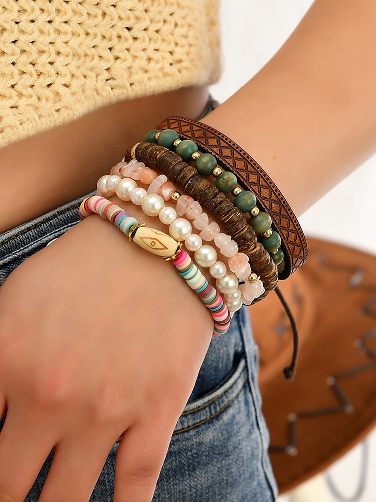 Set di braccialetti con ciondoli a strati con perline boho da donna: bracciali in legno, turchese e pelle scamosciata in stile vintage con ciondoli a forma di foglia e geometrici, ideali per abbigliamento casual, festival e vacanze al mare del 2025 a $9.99 –P2