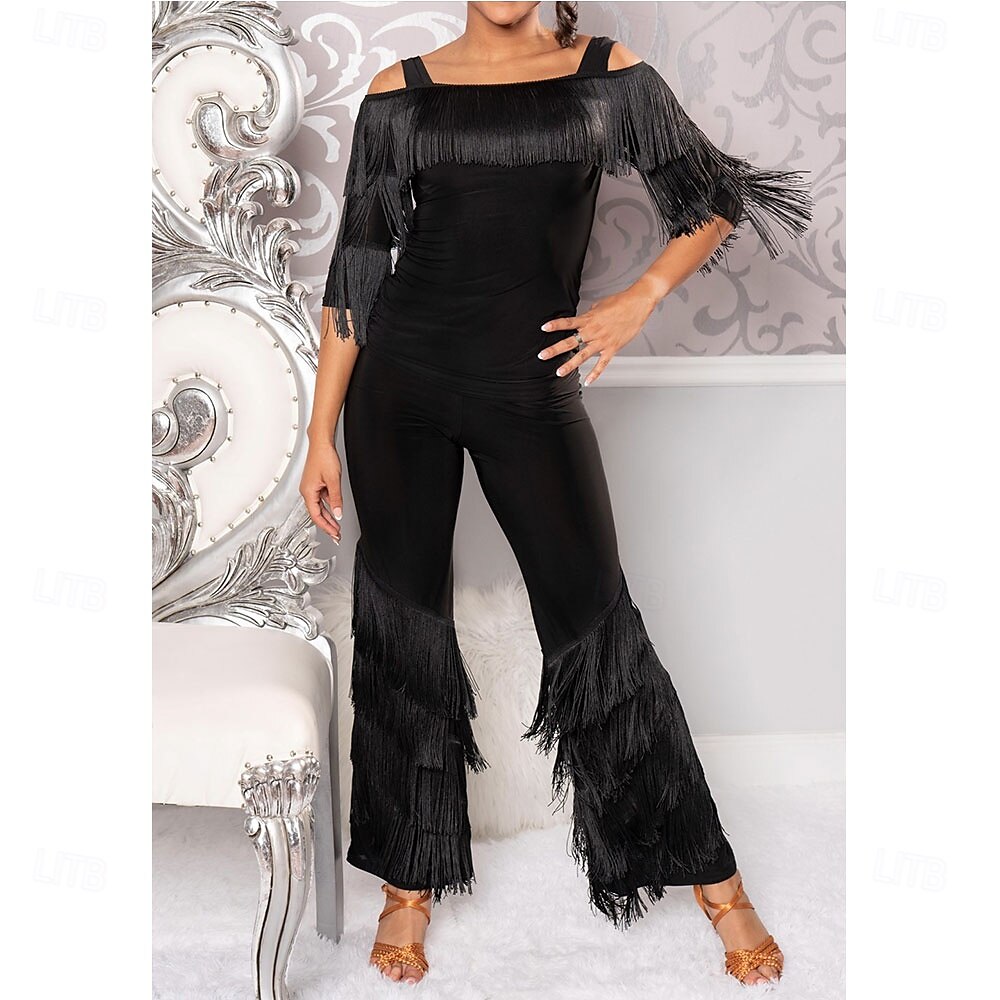 Calças femininas para dança latina – Calças elásticas de cintura alta para prática de dança de salão, para rumba e cha-cha &samba, roupa de performance com bainha larga de 2025 por $36.99 –P3