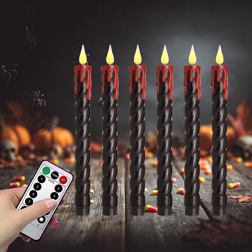 6 Stück 25 cm Halloween-Faden, schwarzer Stab, fließende rote Tränen, Simulation elektronischer Kerzenlicht-Timer, Fernbedienung, AA-Batterie, Partyatmosphäre für drinnen und draußen, dekoratives 2025 - $24.99 –P4