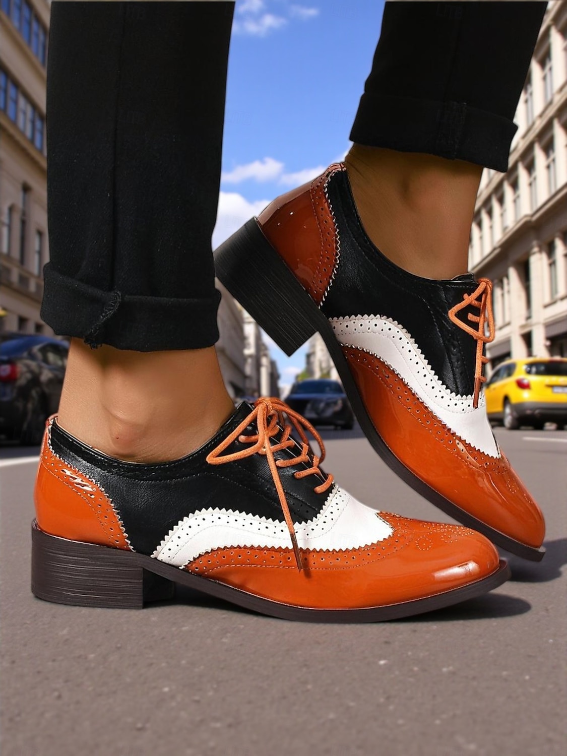 Richelieus Oxford en cuir verni jaune pour femme – Chaussures habillées à lacets et bout golf colorblock, style vintage britannique des années 1950 pour le bureau, l'école et le streetwear de 2025 ? $42.99 –P12