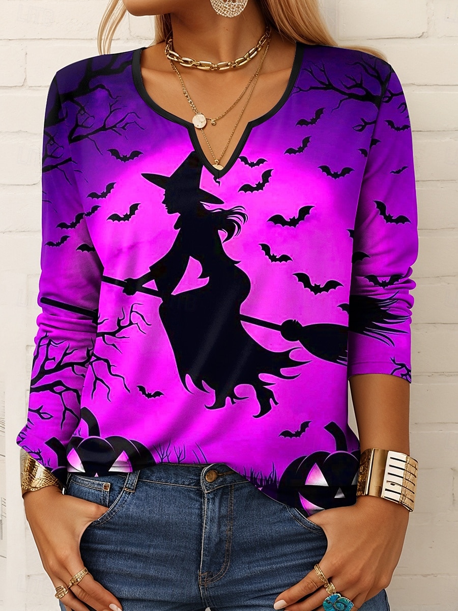 Halloween Pentru femei Tricou Ombre Grafic Geometric Epocă Stilat Clasic Manșon Lung Gât crestat Topuri obișnuite Zilnic Imprimeu Mov Portocaliu Trifoi Vară Primăvară Toamnă 2025 - $24.99 –P3