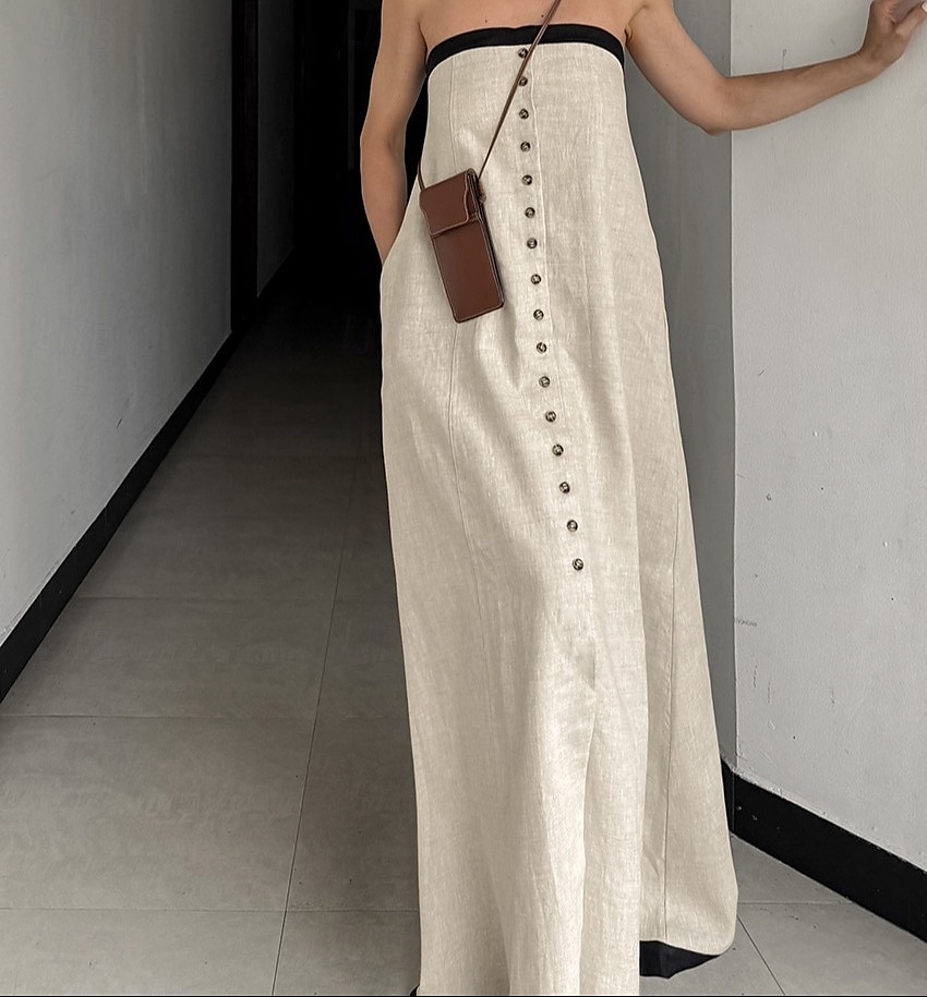 Robe longue en lin et coton pour femme, robe d'été, robe trapèze, robe à épaules dénudées, vacances, anniversaire, décontractée, fête, plage, coupe standard, couleur unie, graphique, sans manches, de 2025 ? $48.99 –P2