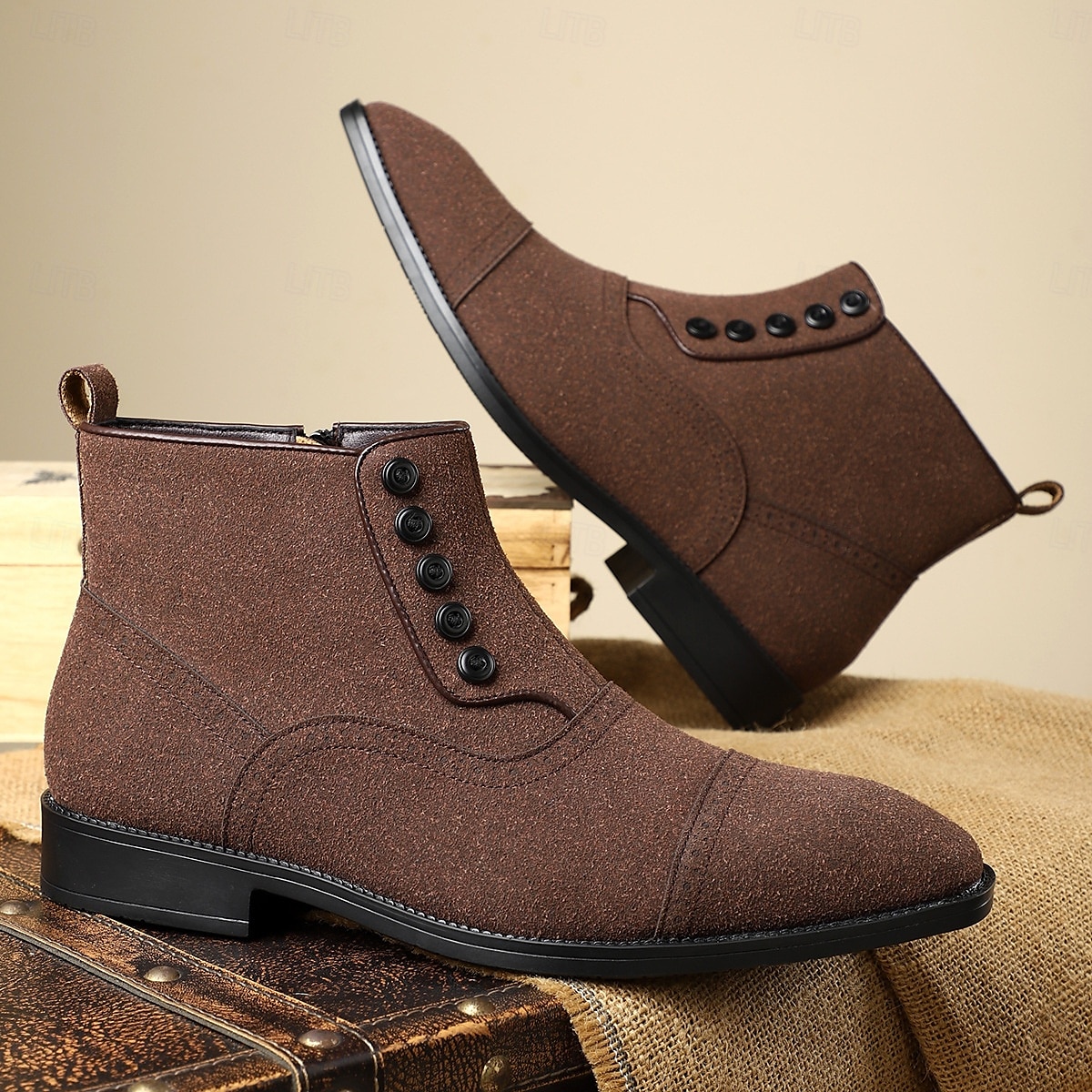 Men's Beige Lace-Up Ankle Boots with Round Toe and Classic Stitching, Vintage Business-Casual Footwear for Office, Urban Walking and Smart Daily Outfits 2025 - $46.99 –P16