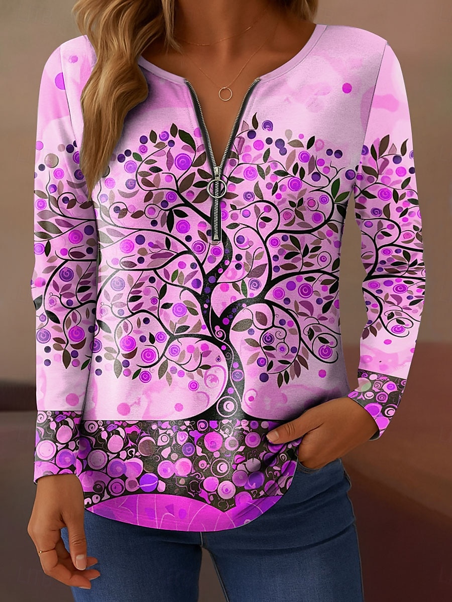 Femmes T-shirt Fleuri Graphique Élégant ancien Classique manche longue Col en V Hauts Réguliers Quotidien Week-end Fermeture éclair Imprimé Rose Claire Bleu Orange Vert Printemps Automne de 2025 ? $23.99 –P4