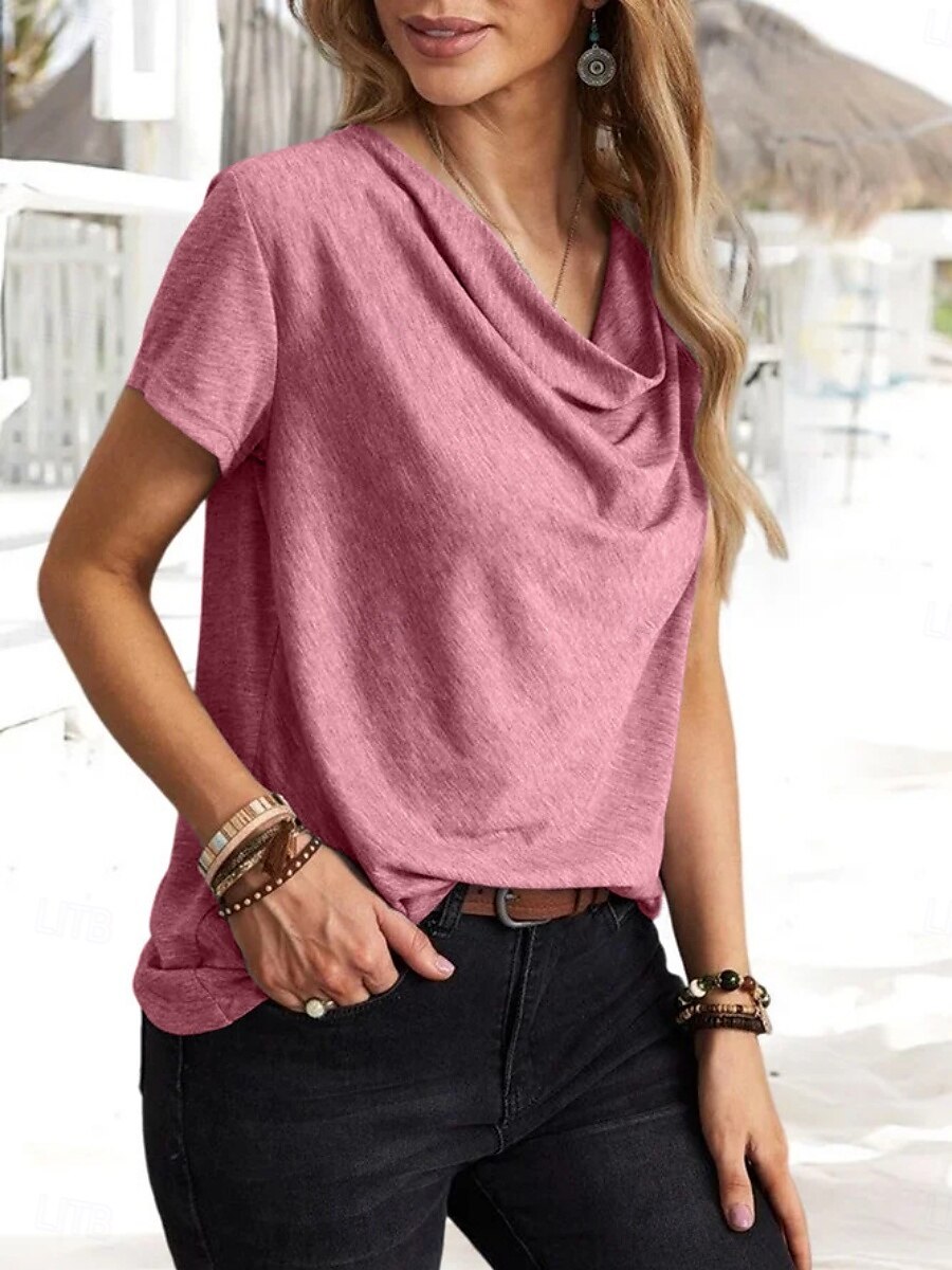 Dame T skjorte عادي Klassisk Moderne Fritid Kortermet Cowl-hals Vanlige topper Daglig Helg Svart Rosa Blå Grønn Grå Sommer Vår 2025 - $16.99 –P2