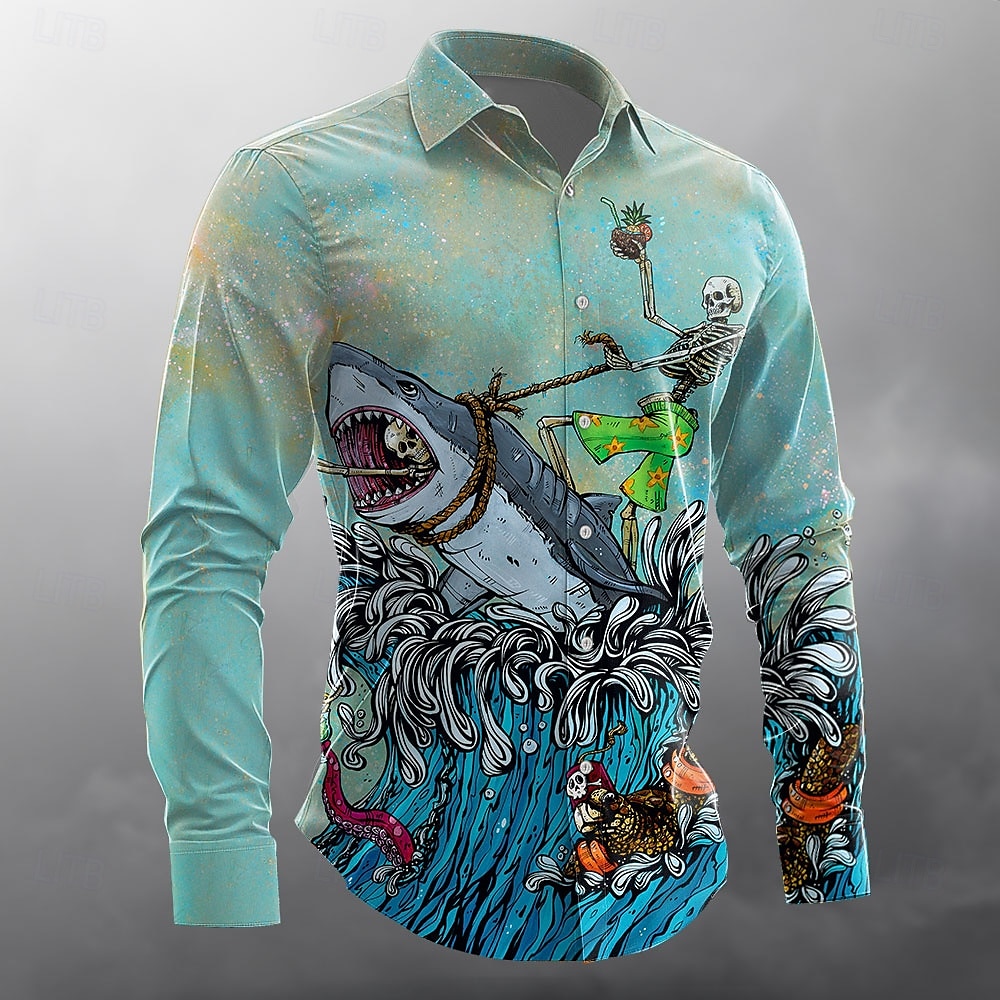 Great White Wave by David Lozeau miesten pääkallohai-aiheinen napitettava pitkähihainen designer-paita, rajoitettu taiteilijaerä 2025 - $25.99 –P1