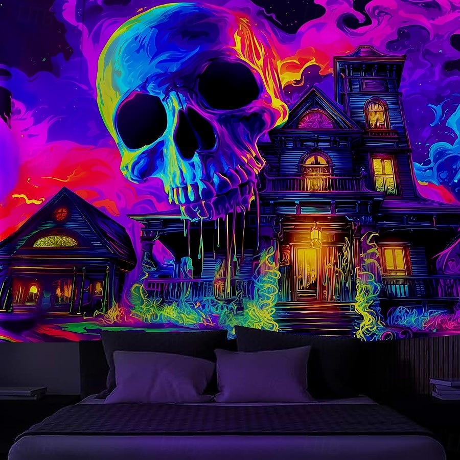 Halloween Blacklight Tapestry Skeleton Haunted House UV Reactive Glow in the Dark Forest Trippy Mountain Misty Graveyard Ghost Hanging Tapestry Wall Art Mural for Living Room Bedroom 2025 - $13.99 –P3