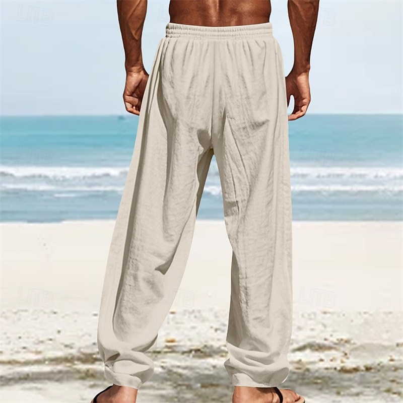 Men's Linen Pants Trousers Summer Pants Beach Pants Pocket Elastic Waist Drawstring Plain Comfort Breathable Vacation Daily Holiday Hawaiian Boho White Dark Red 2025 - $18.99 –P14