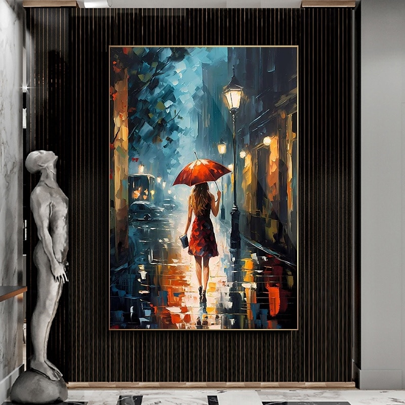 Lienzo pintado a mano de una chica en una ciudad lluviosa, con una chica en la calle bajo un paraguas y una lluvia, decoración abstracta, pared de una chica en la ciudad de Nueva York, arte de pared 2025 - $170.99 –P6