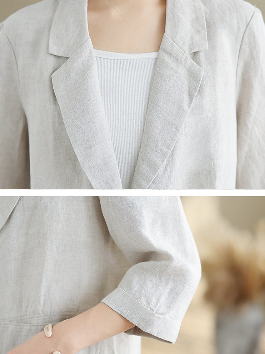 Blazer de lino y algodón para mujer, cómodo, transpirable, con bolsillos, informal, liso, para oficina, calle, uso diario, botonadura sencilla, cuello vuelto, corte regular, manga larga, prenda exterior, amarillo, rosa, albaricoque, verano, primavera. 2025 - $33.99 –P4
