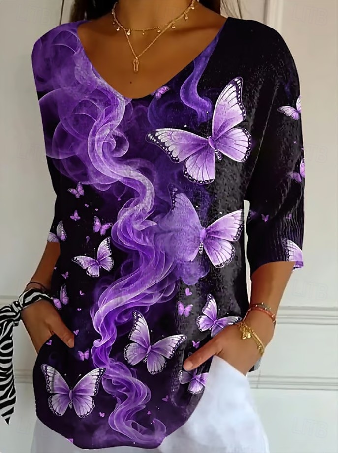 Dames Blouse Bloemig Grafisch Vintage Stijlvol Klassiek 3/4 mouw V-hals Normale tops Dagelijks Zwart en Wit Paars paars Zomer Lente Herfst 2025 - $25.99 –P2
