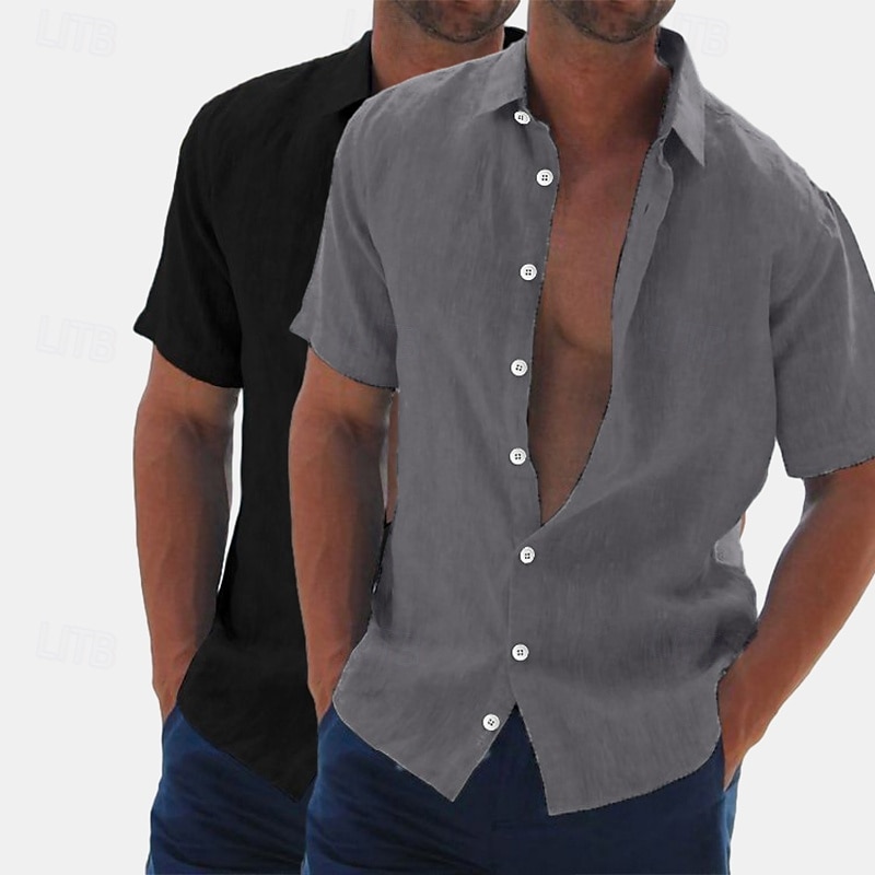 Herren Leinenhemd Sommerhemd Strandbekleidung Knopfhemd Hemden zum Herausstecken Einfarbig Urlaub Kreuzfahrt Grün + grau Weiß + Khaki Khaki + Schwarz Grün+Khaki Kurzarm Umlegekragen Sommer Bekleidung 2025 - $27.99 –P11