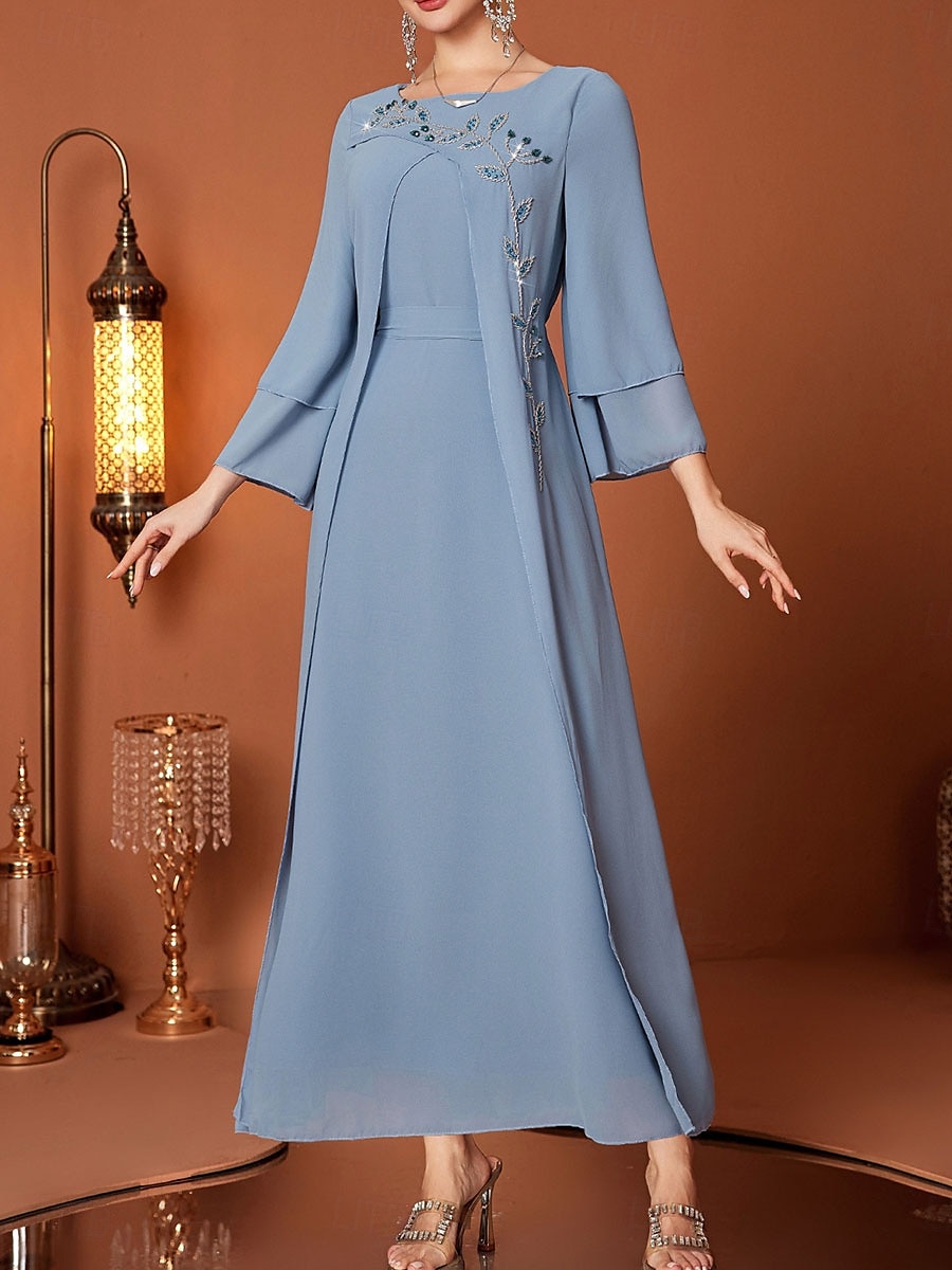 A-Line Mor til Bruden Kjole Elegant V Utringning Gulvlengde Chiffon Lang Erme med Belte Bånd Krystaller 2025 - $119.99 –P2