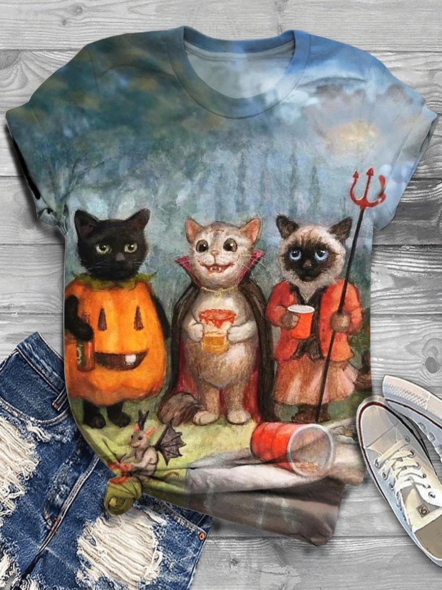 Halloween Femmes T-shirt Graphique Chat Potiron ancien Élégant Classique Manche Courte Col ras du cou Col rond Hauts Réguliers Quotidien Imprimé Noir Orange Kaki Été Automne de 2025 ? $19.99 –P3