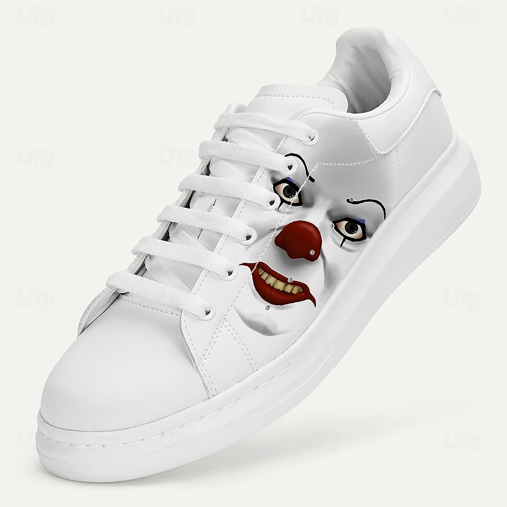 Vita herrsneakers med tryck av onda clownansikten – läskiga halloweenskor för skräckfans och festdeltagare 2025 - $54.99 –P1