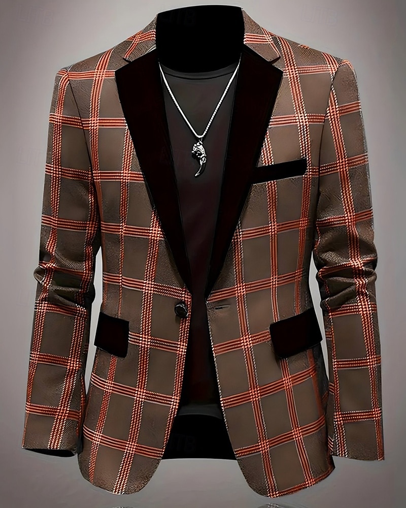 Herren Blazer Geschäft Cocktailparty Hochzeitsfeier Mode Lässig Frühling Herbst Polyester Karomuster Tasche Knöpfe Bequem Einreihig Blazer Schwarz Blau Braun 2025 - $58.99 –P1