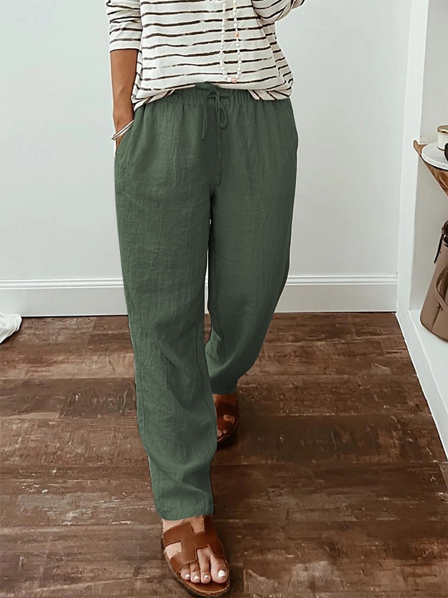 Mulheres Calças de linho de algodão Calças Roupa de rua Casual Longas Cintura Alta Tecido Bolsos Design de cordão elástico Corte alto Respirabilidade Macio Micro-Elástica Rua Roupa Diária Preto de 2025 por $24.99 –P6