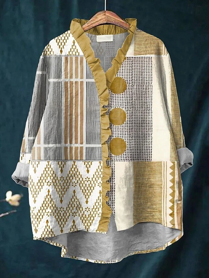 Dámské Boho košile Grafika Geometrický Elegantní Čechy Aktivní Do V Běžné topy Denní Dovolená Oblečení na pláž Volány Džínová modrá Žlutá Rubínově červená Vodní modrá Fialová Podzim 2025 - $24.99 –P5