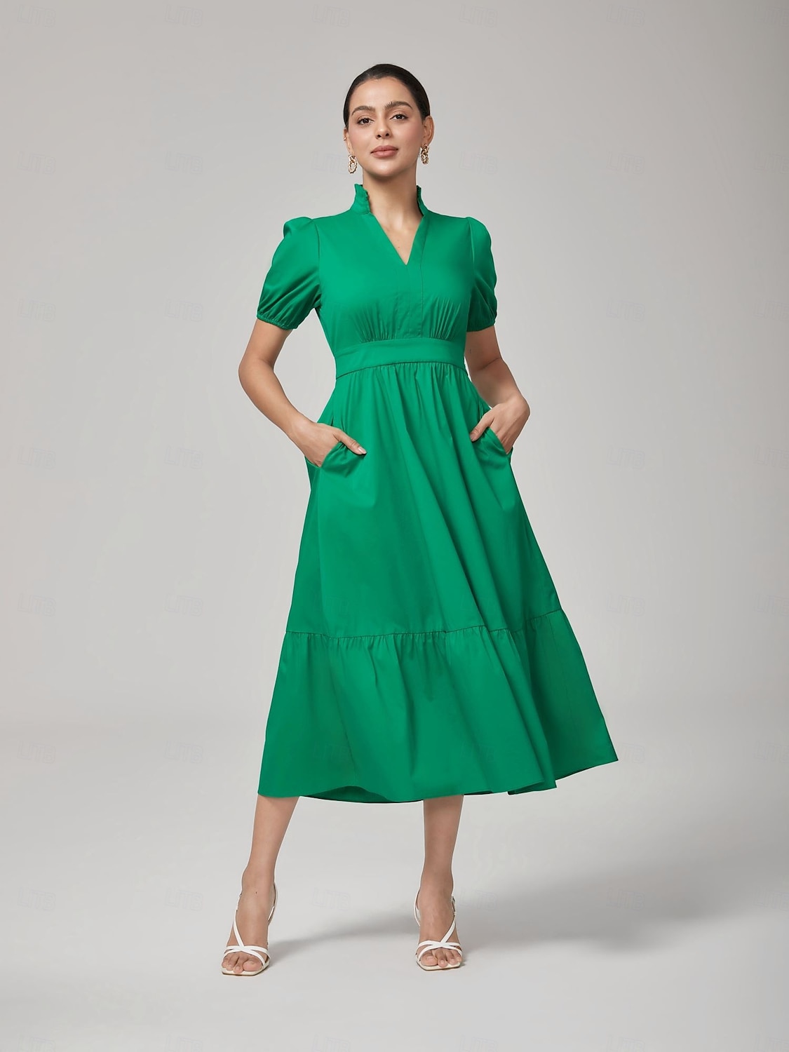 Dam Vardagsklänning Grön Kort ärm Slät Puffärm Sommar Vår Höst V-hals Drottning Anne Elegant Modern XS S M 2026 - $113.99 –P1