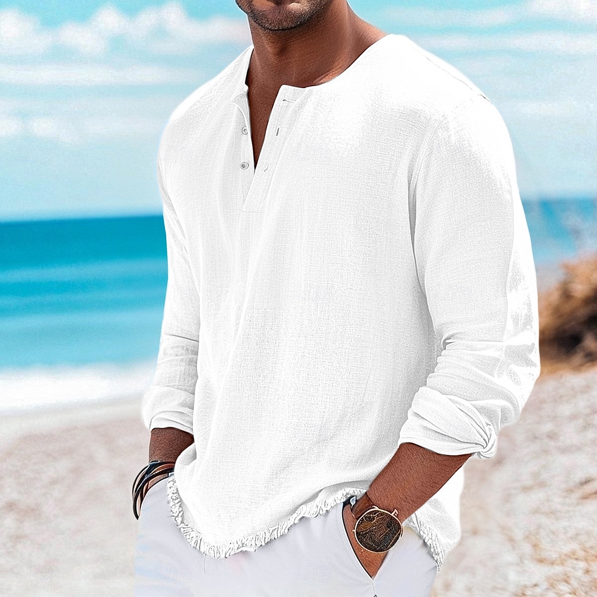Per uomo Maglia Henley Maglietta Top Henley Maglietta in lino Manica Lunga Tinta unica Semplice Tinta unita Moda Designer Casual Blocco di colore Bottoni Henley All'aperto Casuale Quotidiano Estate del 2025 a $25.99 –P5