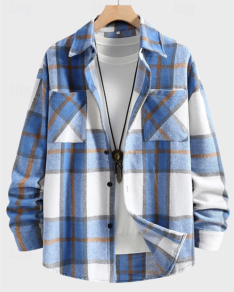 Herren Leichte Jacke Hemdjacke Freizeitjacke Jacke-Shirt Urlaub Täglich Atmungsaktiv Tasche Frühling Herbst Karomuster Mode Klassisch Revers Regulär Blau Khaki Jacken 2025 - $20.99 –P2