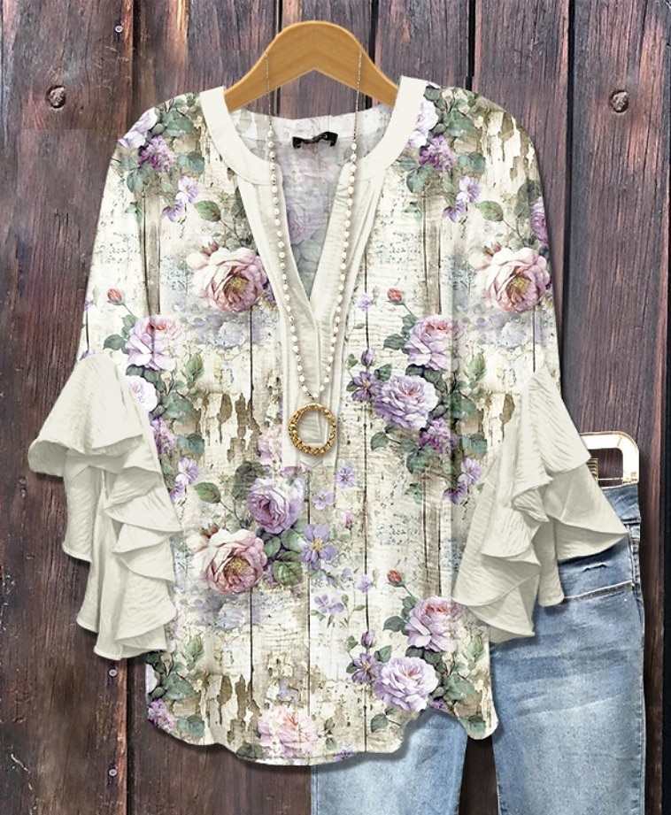 Easter Women's Blouse Floral Graphic Elegant Bohemia Ethnic 3/4 Length Sleeve V Neck Regular Tops Daily Holiday Vacation Wear Ruffle Print White Light Green Blue Purple Green Summer Spring Fall 2025 - $29.99 –P3