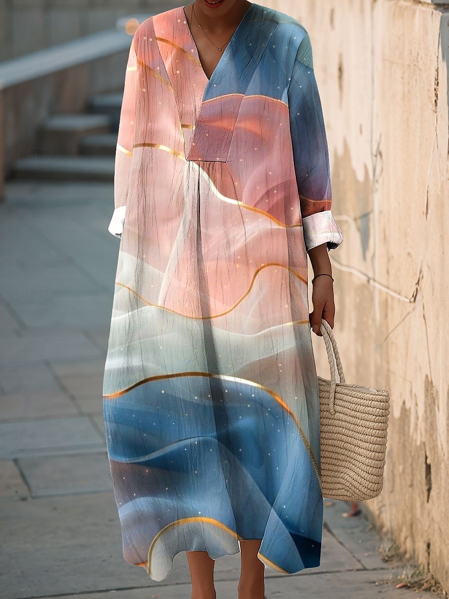 Naisten midi-mekko V-pääntie pitkähiha kaftaani kevyt löysä istuvuus A-linjainen mekko rento boho ulos meneminen löysä istuvuus ombre-graafinen pitkähiha V-pääntie sininen vaaleanlila oranssi syksy 2025 - $35.99 –P1