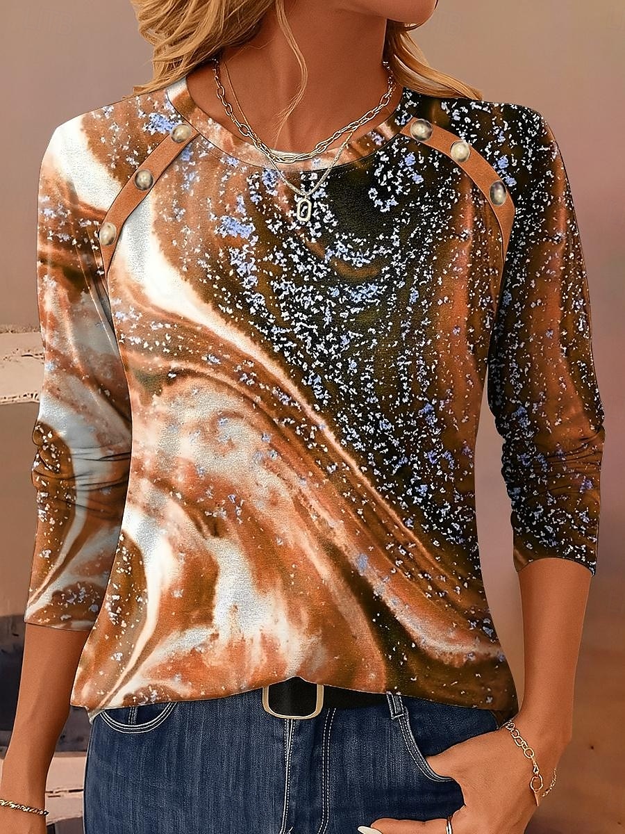 Femmes T-shirt Graphique Géométrique ancien Occasionnel manche longue Col ras du cou Hauts Réguliers Quotidien Boutons Imprimé Vert cendré Bleu Violet Marron Vert Printemps Automne Hiver de 2025 ? $24.99 –P6