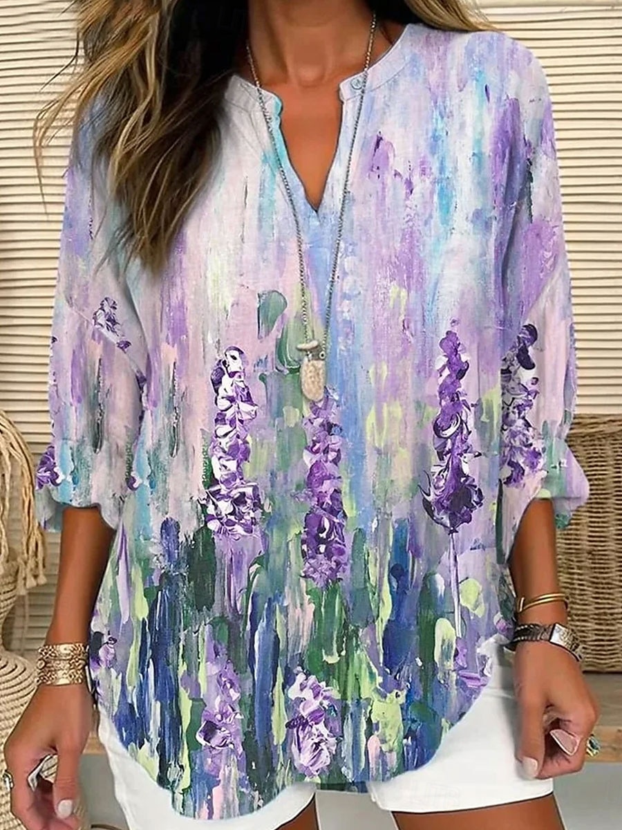 Femmes Chemisier Fleuri Graphique ancien Quotidien Élégant manche longue Col en V Hauts Réguliers Quotidien Fête Imprimé Blanche Violet Vert Été Printemps Automne de 2025 ? $24.99 –P1
