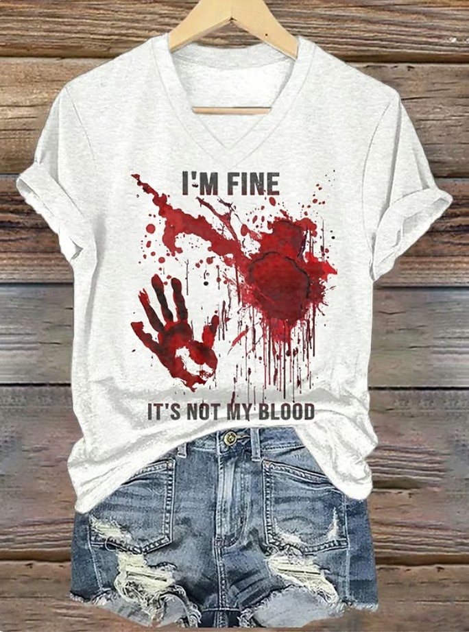 Krwawy Problem Rozwiązany Kobiecy T-shirt Plama Krwi Graficzny Litera Vintage Stylowy Klasyczny Krótki Rękaw V Dekolt Regularne Topu Codzienny Print Szary/Czerwony Biały Bordeaux Czerwony Biały Wiosna 2025 - $21.99 –P2