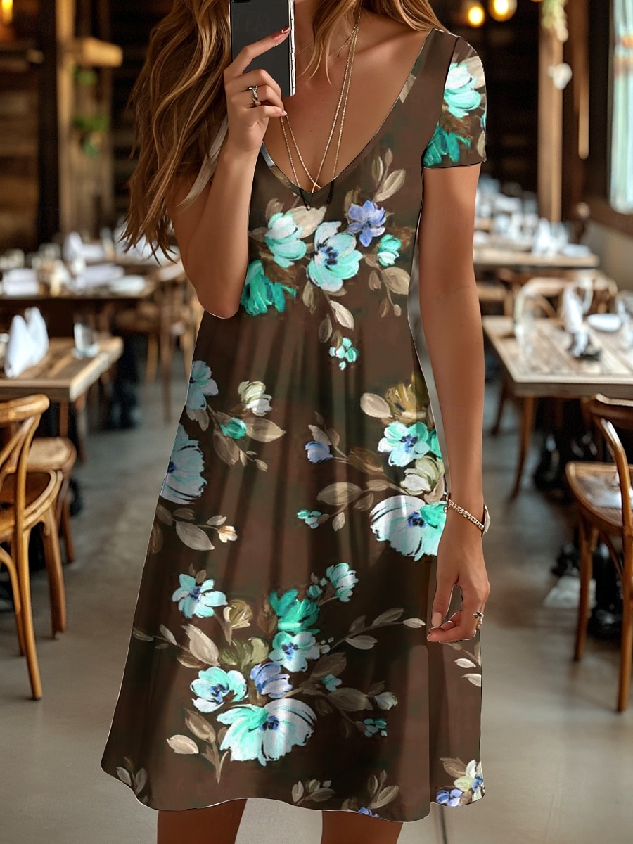 Dam Mini klänning Vardagsklänning T shirtklänning Solklänning A linjeklänning Semester Ledigt Boho Strand Normal Blommig Grafisk Kortärmad V-hals Rubinrött Blå Purpur Brun Sommar Vår 2025 - $23.99 –P6