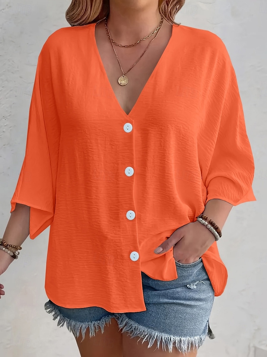 Damen Hemd Einfarbig Stilvoll Lässig Langarm V Ausschnitt Normale Oberteile Täglich Knöpfe Schwarz Weiß Orange Aprikose Sommer Frühling 2025 - $19.99 –P2